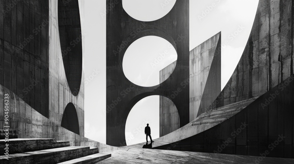 Poster A person stands in front of a concrete building or structure, possibly with architectural details