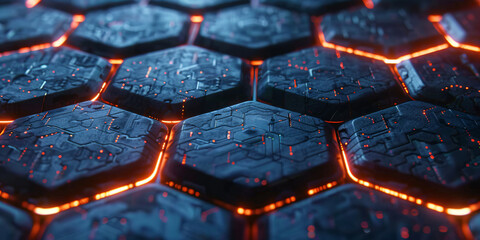 Obraz premium Futuristic hexagonal circuit board with glowing orange highlights and intricate patterns