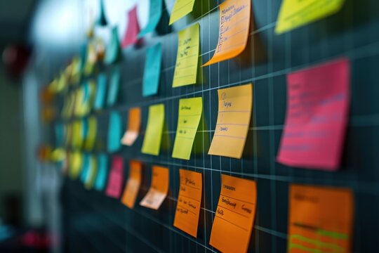 Project management board is covered in colorful sticky notes, organizing tasks and ideas for a team working in an agile methodology