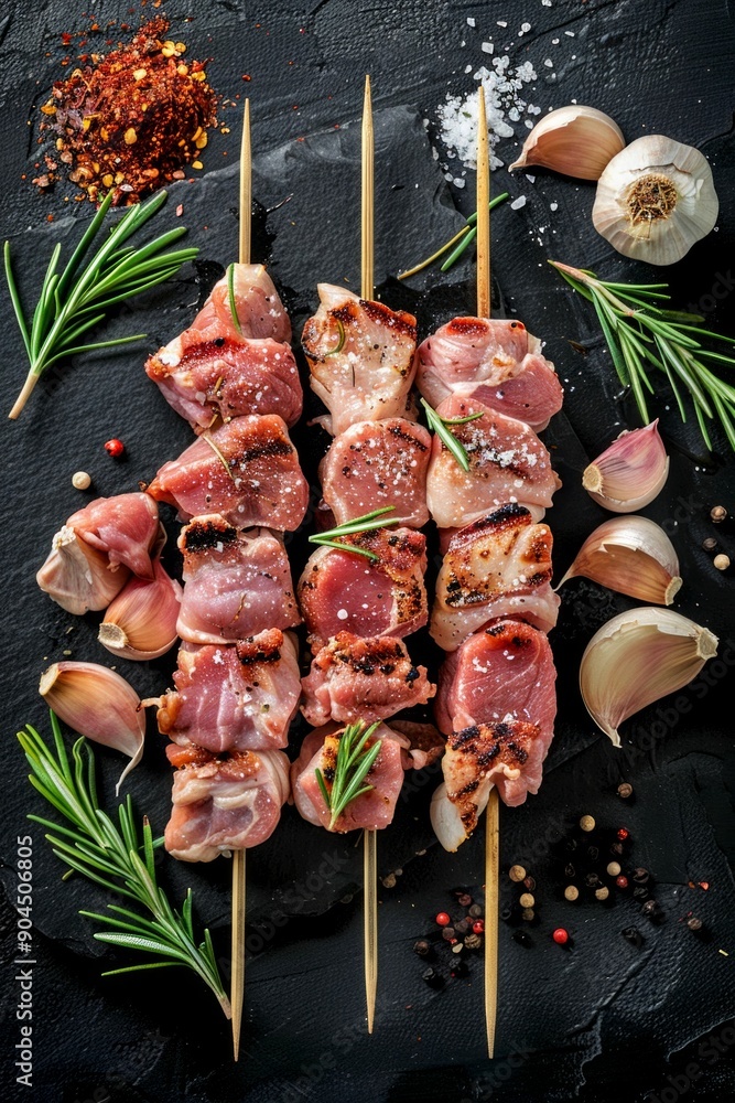 Poster Close-up of raw meat skewers with seasoning on a black background. Image showcases the ingredients and preparation. Food photography ideal for a culinary blog, recipe book, or advertisement. AI