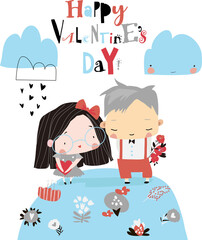 Couple in love celebrating Valentines Day. Vector romantic greeting card
