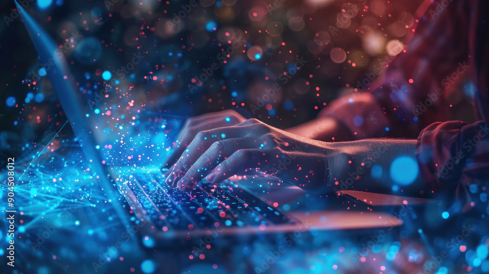 Poster a person is typing on a laptop with a bright blue screen. the image is full of colorful sparks and t