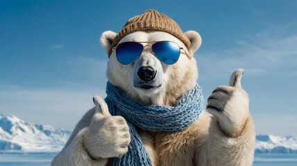 Polar bear in the sunglasses scarf and hat giving the thumbs up, on blue background.  © Karo