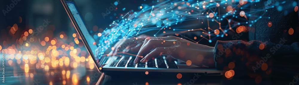 Poster a person is typing on a laptop with a bright blue screen. the image is full of colorful sparks and t