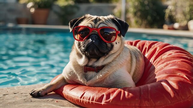 The pug dog enjoying the  in the pool and red float in crystal clear water, on a sunny day. 
