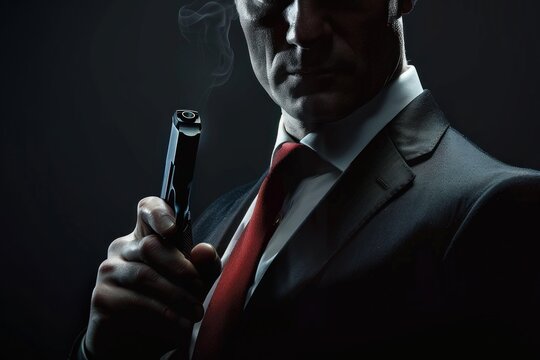 Businessman is holding a smoking gun in the shadows after firing a shot