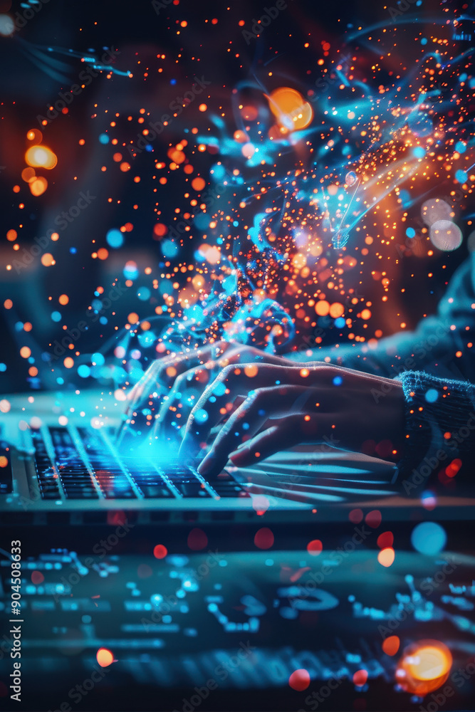 Poster a person is typing on a laptop with a bright blue screen. the image is full of colorful sparks and t