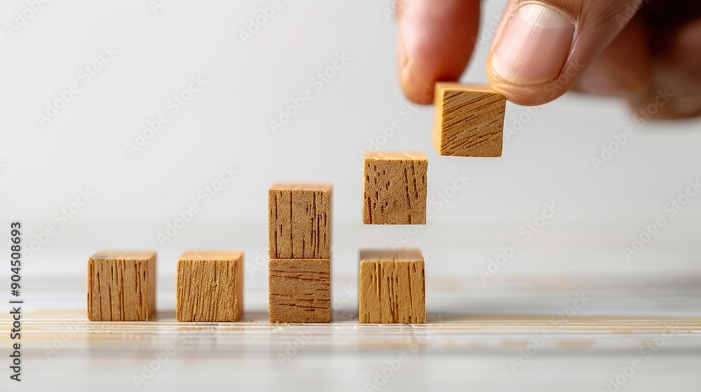 Poster building success: wooden blocks representing growth and progress
