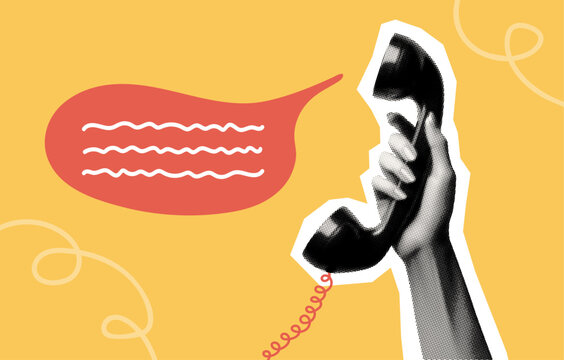 telephone call communication concept collage design with hand holding vintage phone receiver isolated retro dotted halftone element on yellow grunge background