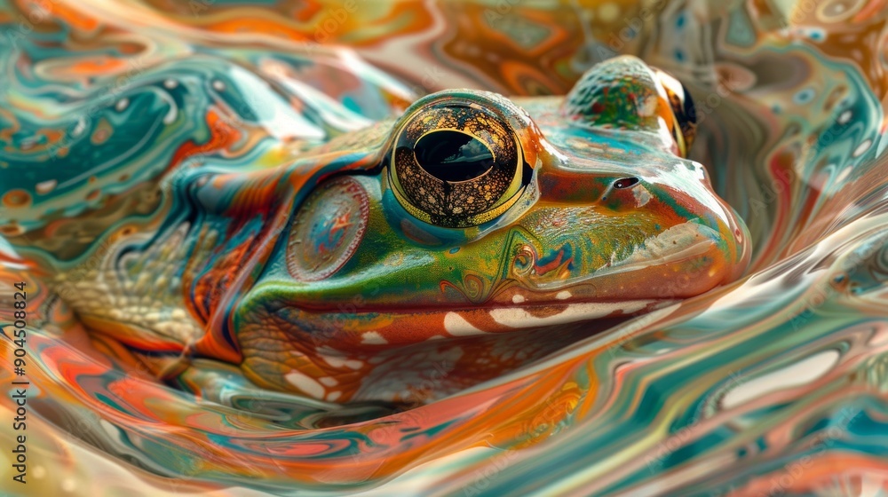 Poster close-up of a colorful frog blending into a vivid abstract background. this artistic visual displays