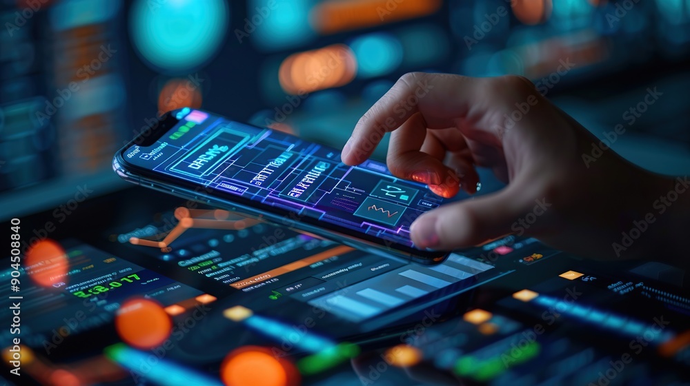 Poster close-up of a hand using a smartphone with a digital interface, displaying graphs and data, showcasi