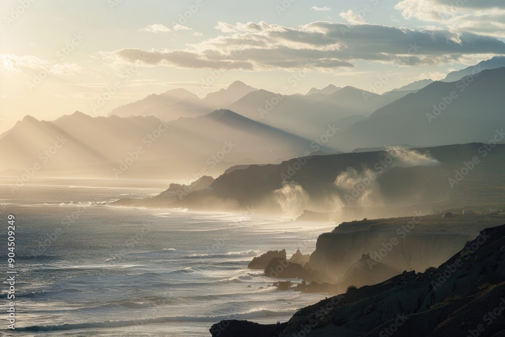 Poster a scenic view of the ocean with mountains in the background, suitable for travel or nature-themed pr