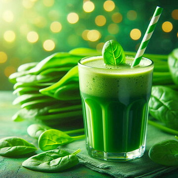 fresh healthy green juice of garden fresh green leafy vegetable spinach leaf in glass,also known in india as palak bhaji, green background 