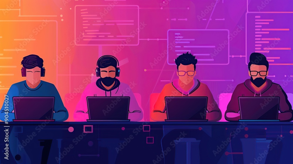 Poster team of programmers working on code