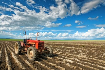 Obraz premium Red tractor is plowing fertile soil on a farm, preparing the land for a new crop under a blue sky