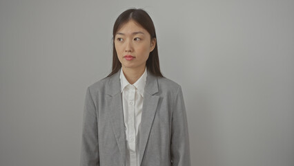 Portrait of a professional young asian woman against a white background, depicting a neutral...