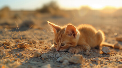 Sun-Baked Desert with a Thirsty Ginger Kitten