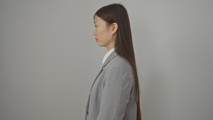 Side profile of a professional young asian woman in business attire against a white background