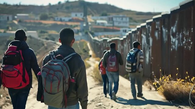 Migrants walking along the border