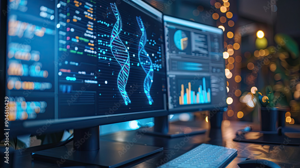 Poster computer monitors showcase vibrant dna data visualizations in a contemporary research lab illuminate