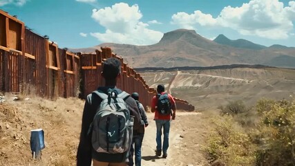 Migrants walking along the border