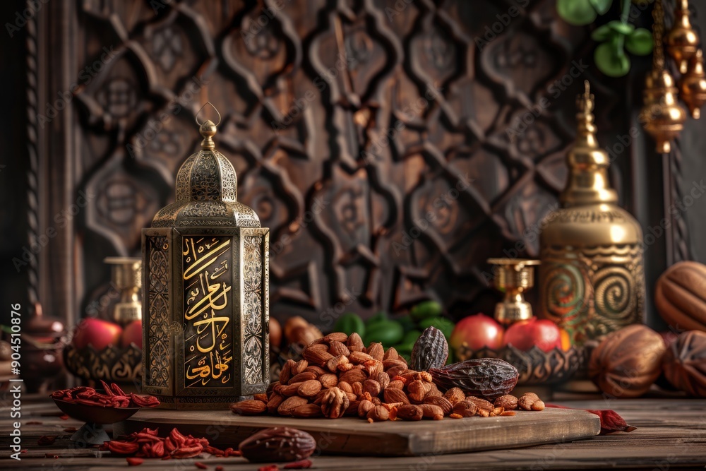 Poster a wooden table filled with various fruits and nuts, perfect for a rustic or natural themed setting