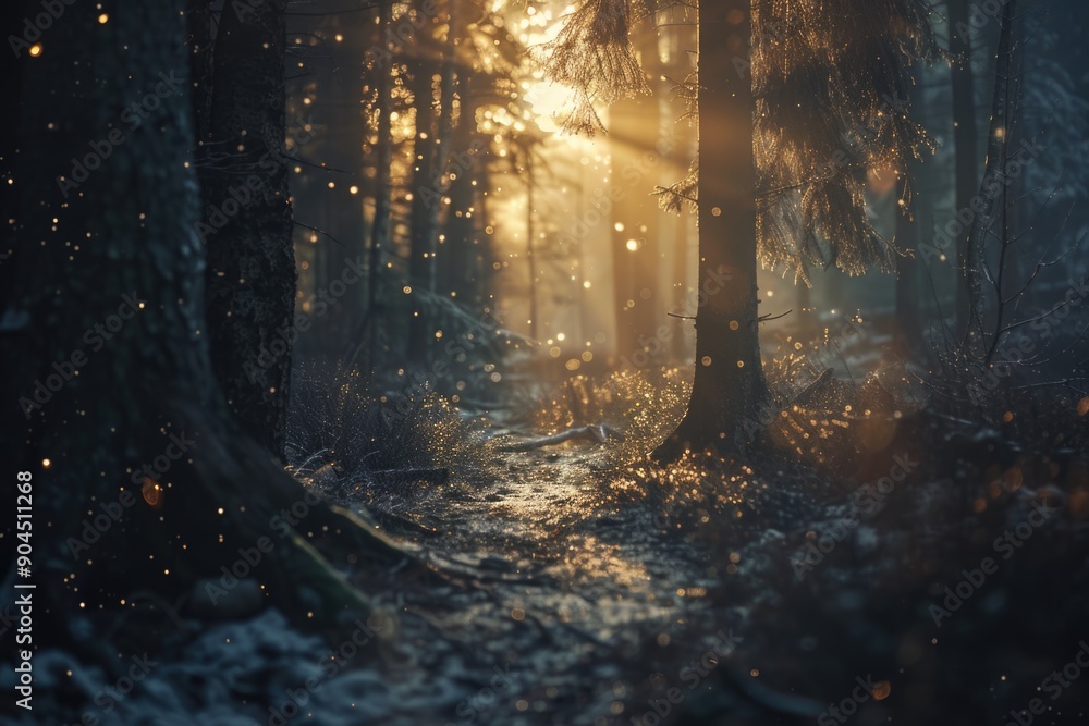 Poster Trees with sunlight filtering through leaves, forest scene