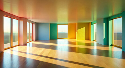 Obraz premium Minimalistic interior of a multi-colored spacious room with windows