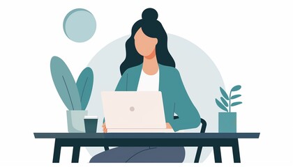Illustration of a Woman Working on a Laptop at a Desk with Plants, Ideal for Business and Remote Work Concepts