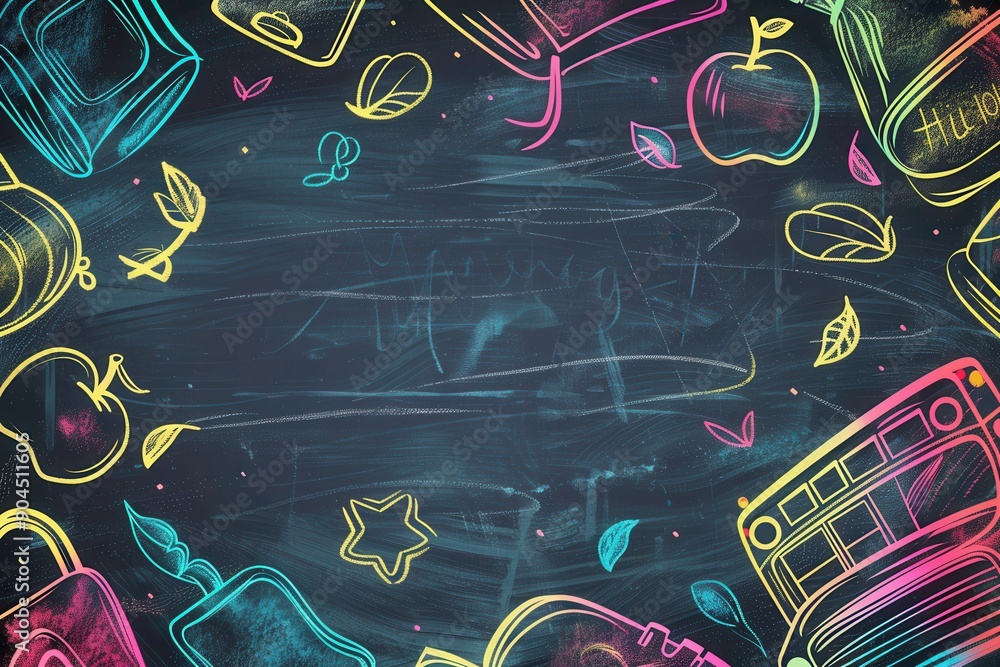 Aufkleber a vibrant chalkboard features colorful brush strokes and intricate sketches of classroom items like 