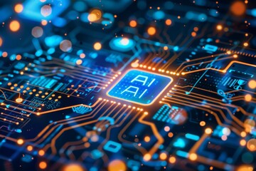 Obraz premium Blue lit AI microchip on circuit board highlights the role of AI in advancing computing technology.