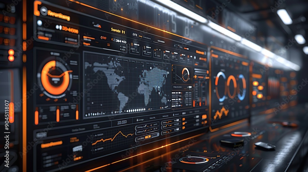 Aufkleber futuristic control panel with data and world map