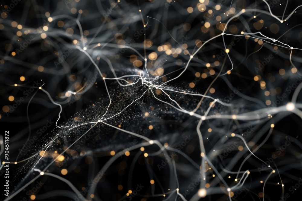 Poster abstract network of points and lines forming a complex structure, suggesting connections and data fl