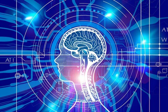 Luminescent human brain projection over tech interface exploring the fusion of AI and human cognition.