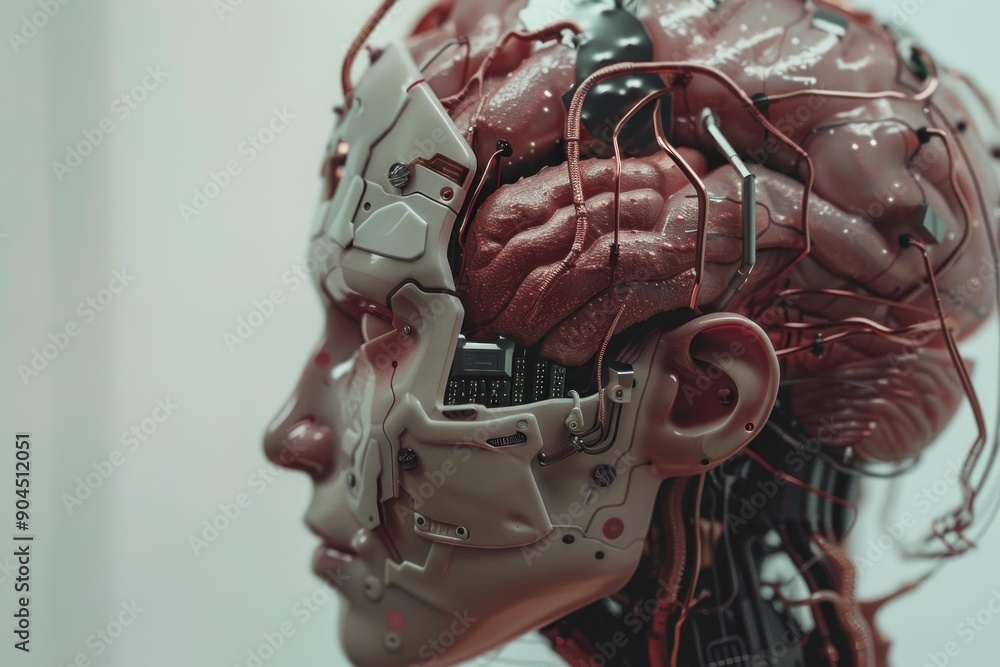 Poster advanced robotic head with exposed brain and wiring showing the complexity of ai development
