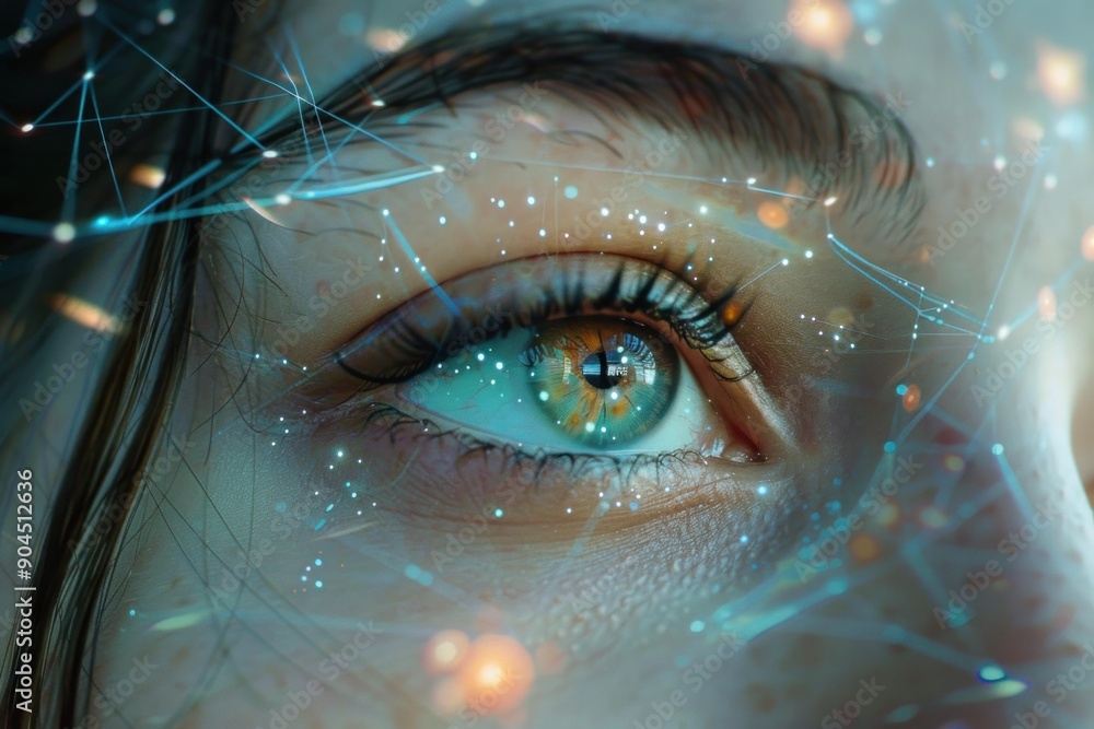 Aufkleber woman eye with futuristic network communication lines and data points connecting