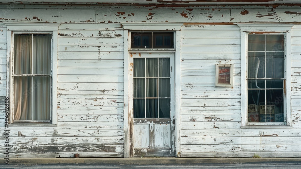 Aufkleber an old white building with two windows and a fire hydrant