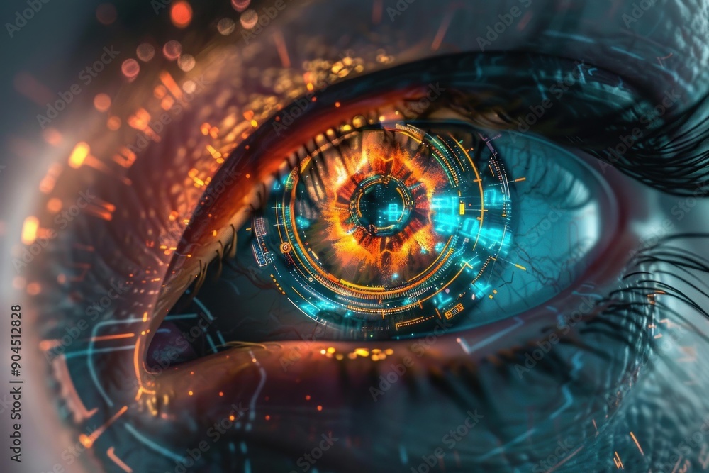 Poster futuristic human eye showing a digital interface, scanning and displaying data