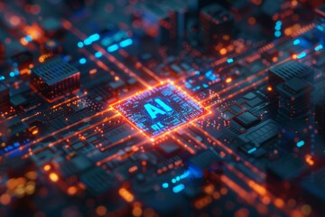 Obraz premium Bustling urban street under AI illuminated signs merging everyday city life with the pervasive influence of technology.
