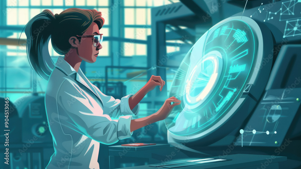 Aufkleber a scientist works on a high-tech interface in a bright, futuristic lab environment
