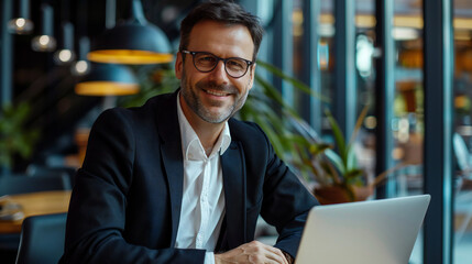 Fototapeta premium Portrait of a successful male businessman working in his offices with laptop.