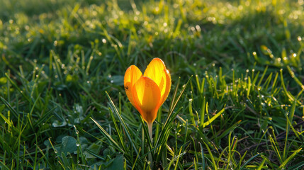 A purple flower is on a green field. The flower is small and has a yellow center. The field is lush and green, with no other objects visible
