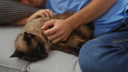 A man in blue comforts a brown siamese cat on a grey sofa indoors.