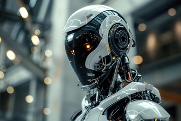 Futuristic robot with glowing eyes is standing in a high tech environment