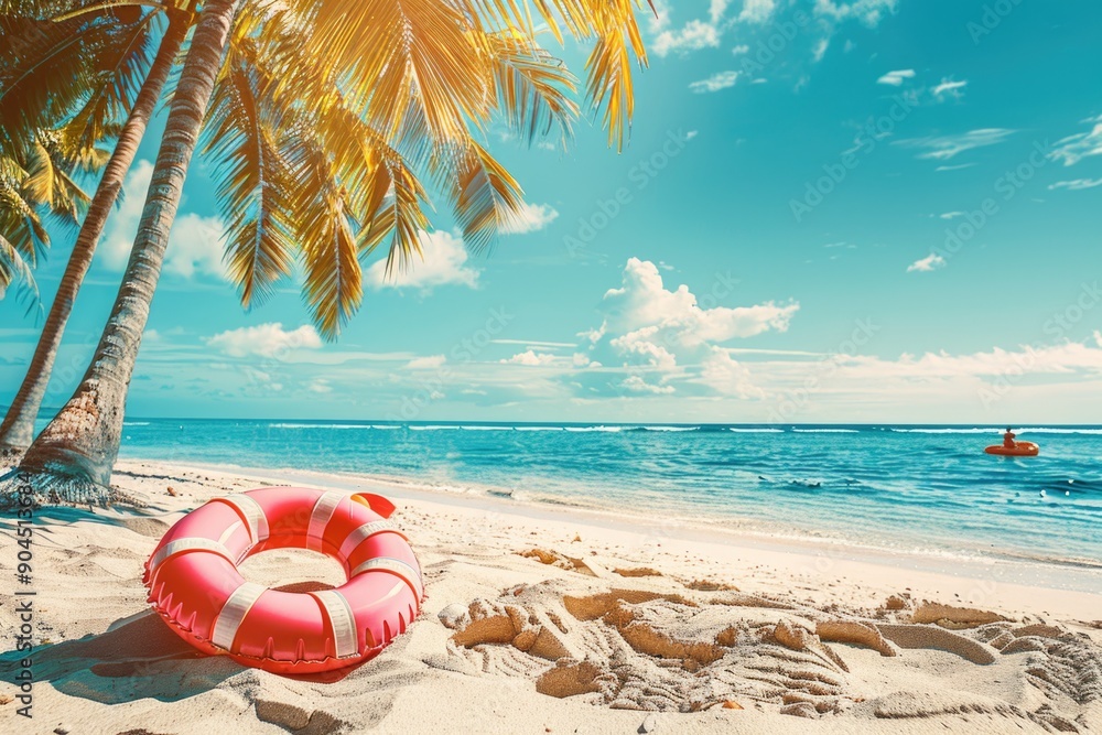 Canvas Prints A life preserver lies abandoned on a sandy beach next to the calm ocean