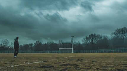 Cloudy day Player walking on a soccer field generative ai