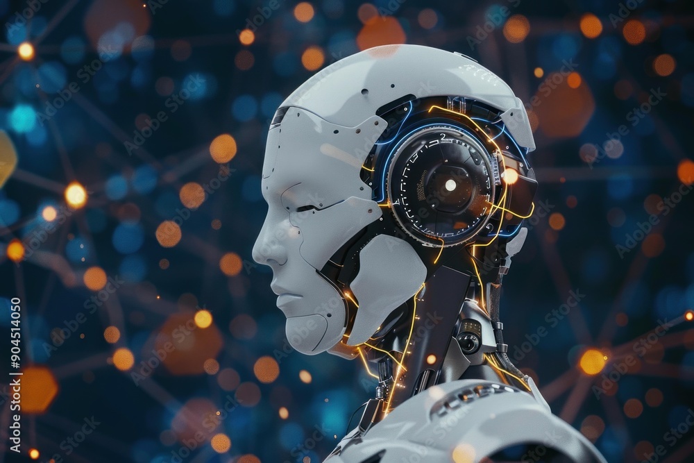 Poster white humanoid robot with glowing circuits is surrounded by orange particles and network connections