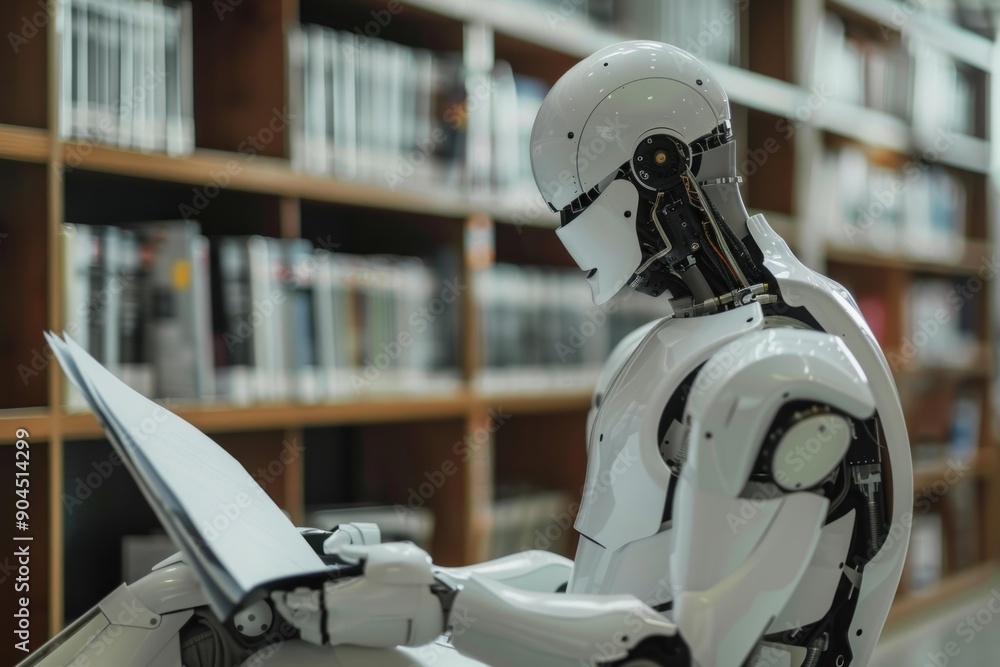 Poster humanoid robot learning and getting information by reading a book in a library