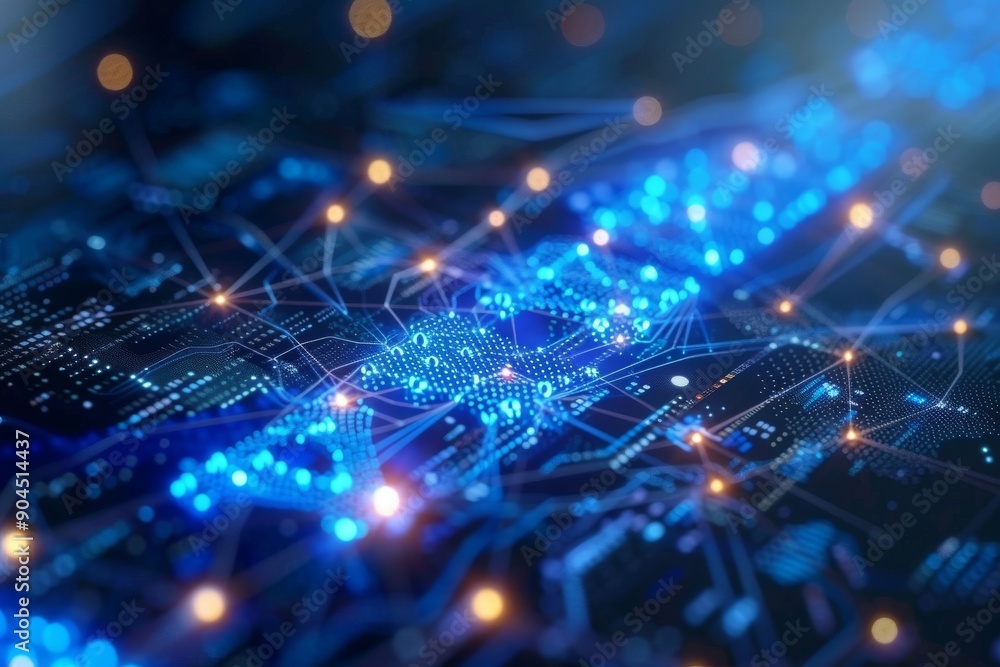 Aufkleber advanced ai processor on futuristic circuit board glowing blue and red lights high tech innovation