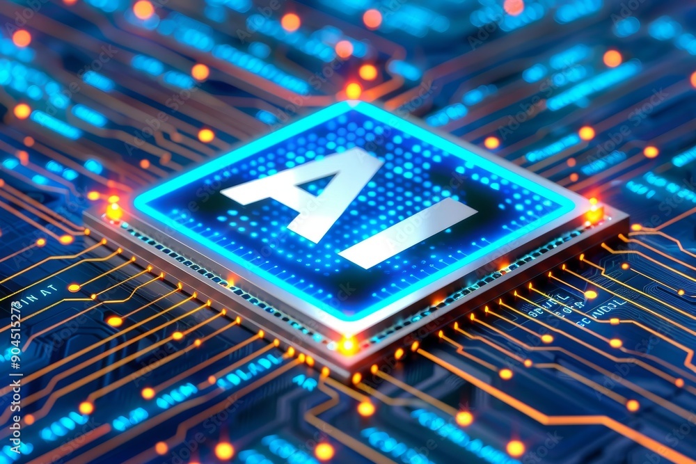 Poster ai microchip on futuristic circuit board glowing red and blue lights high tech innovation